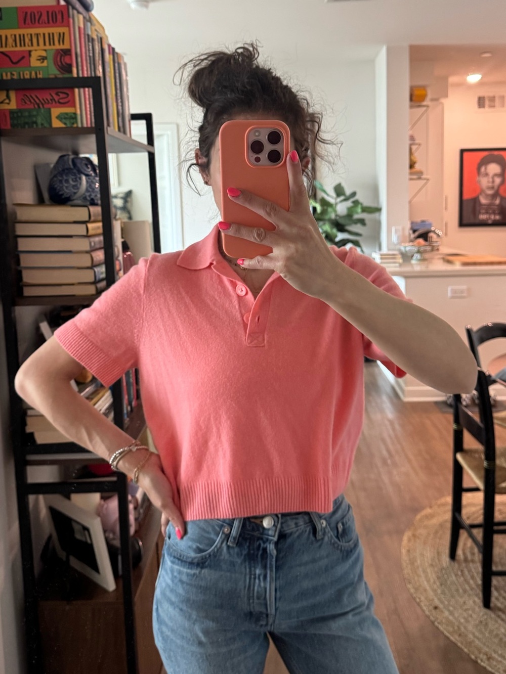 J. Crew Coral Pink Cropped Polo Cashmere Top
